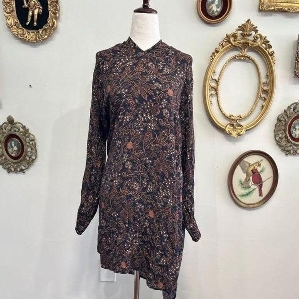 Warm Black Floral Batik Long Sleeve Mini Dress Boho Goth 0